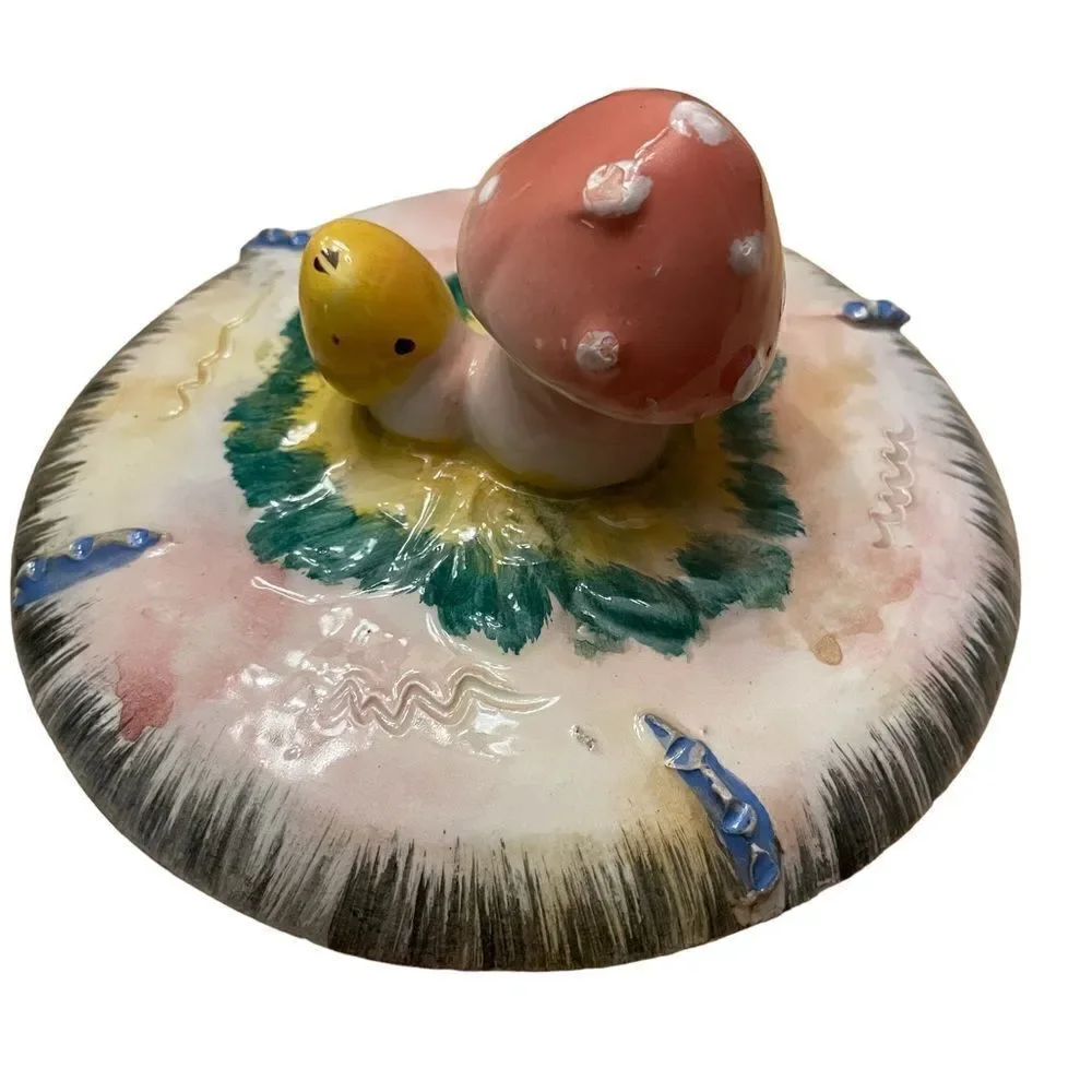 Vintage Cookie House Lovebirds Mushroom Ceramic Cookie Jar Italy